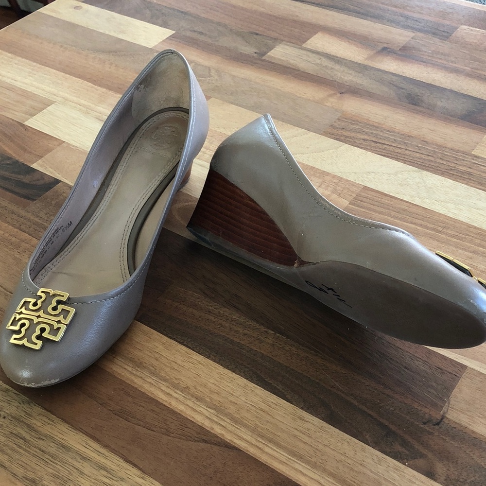 Tory Burch Taupe Leather Wedge Pumps with Gold Logo